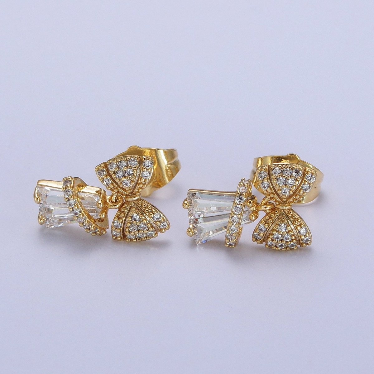 14K Gold Filled Micro Paved CZ Ribbon Bow Clear Baguette Dangle Stud Earrings | AB162