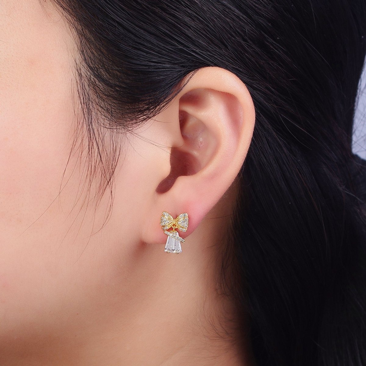 14K Gold Filled Micro Paved CZ Ribbon Bow Clear Baguette Dangle Stud Earrings | AB162