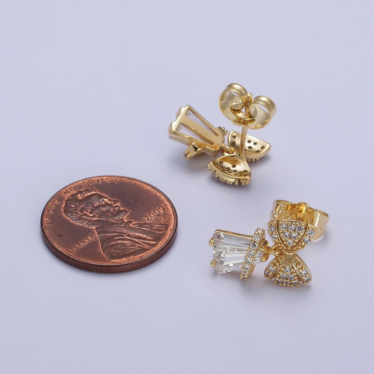 14K Gold Filled Micro Paved CZ Ribbon Bow Clear Baguette Dangle Stud Earrings | AB162