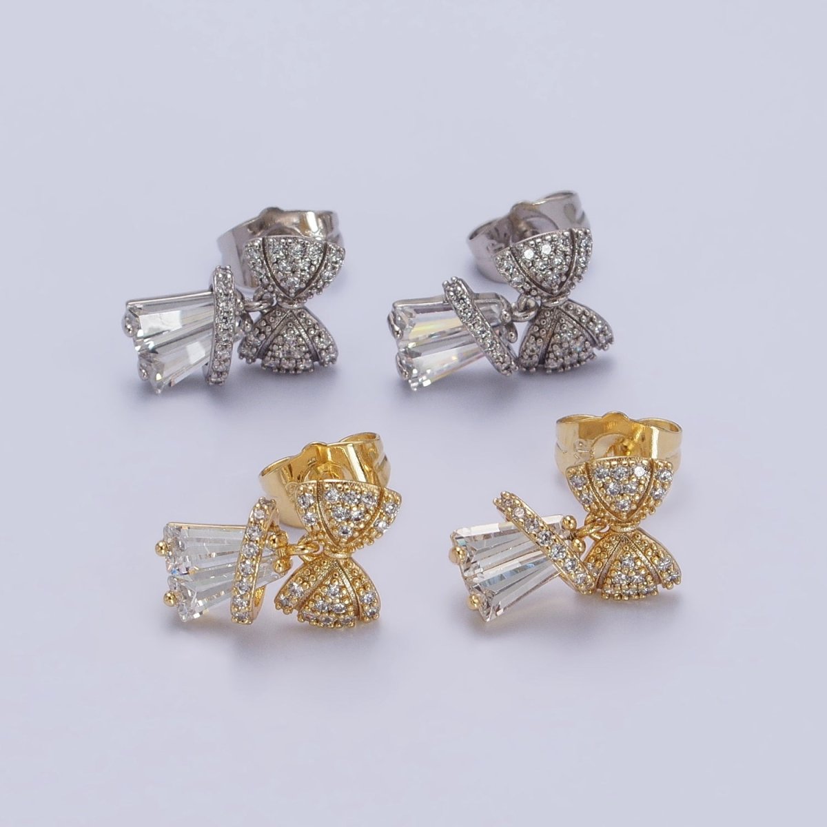 14K Gold Filled Micro Paved CZ Ribbon Bow Clear Baguette Dangle Stud Earrings | AB162