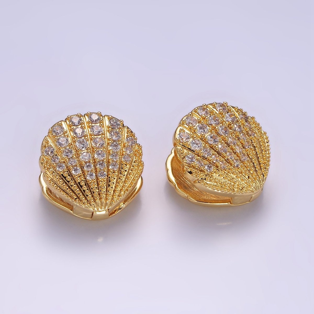 14K Gold Filled Micro Paved CZ Scallop Clam Sea Shell Huggie Earrings | AB1132