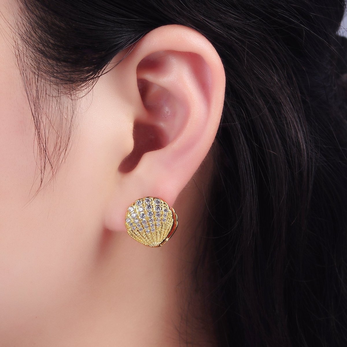 14K Gold Filled Micro Paved CZ Scallop Clam Sea Shell Huggie Earrings | AB1132