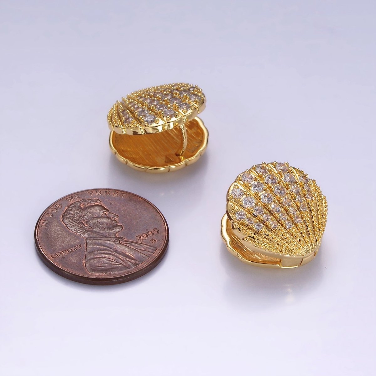 14K Gold Filled Micro Paved CZ Scallop Clam Sea Shell Huggie Earrings | AB1132