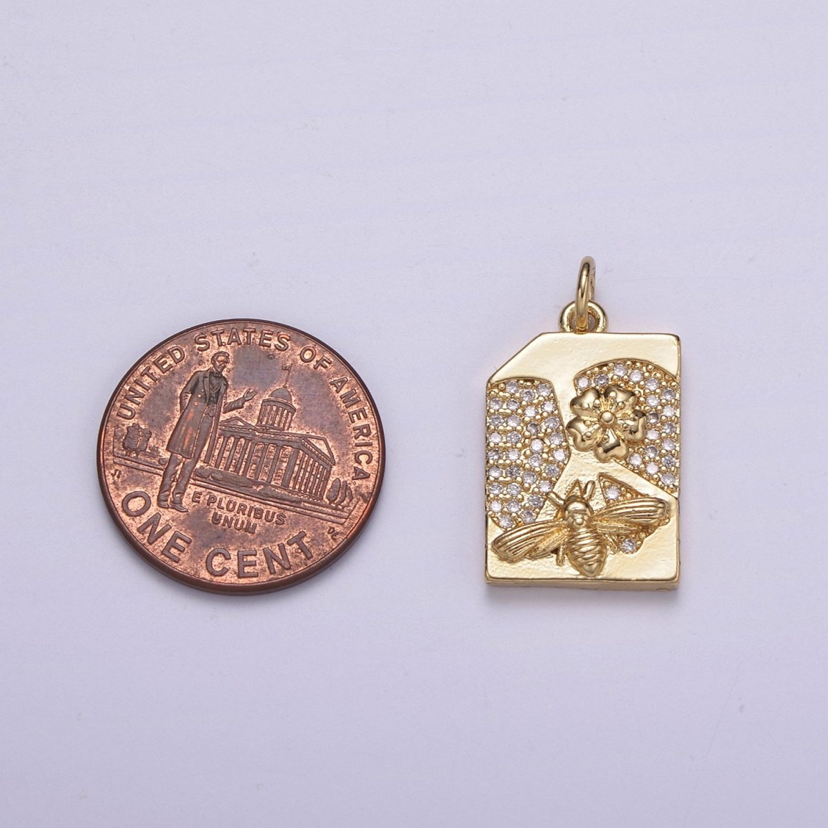 14K Gold Filled Micro Paved CZ Square Sweet Honey Bee Rectangle Tag Charm N-213