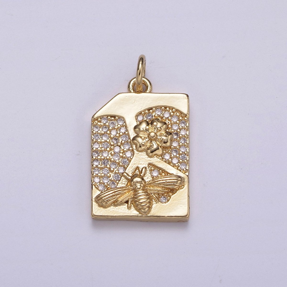 14K Gold Filled Micro Paved CZ Square Sweet Honey Bee Rectangle Tag Charm N-213