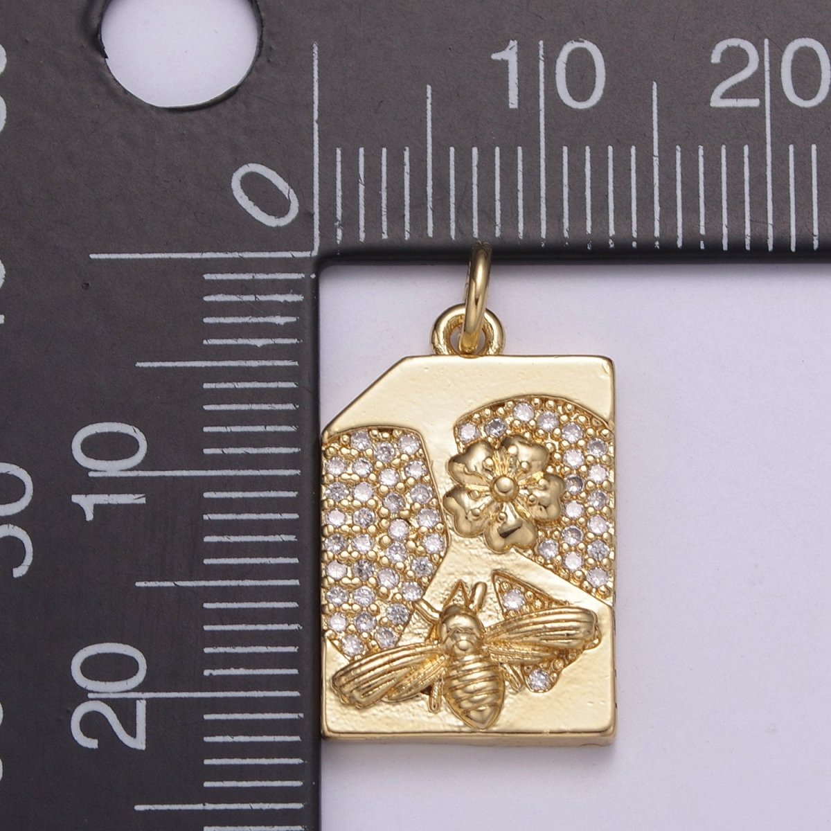 14K Gold Filled Micro Paved CZ Square Sweet Honey Bee Rectangle Tag Charm N-213