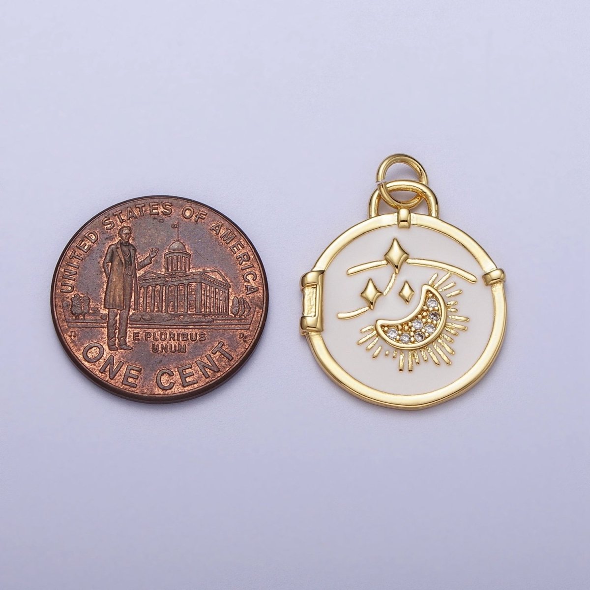 14K Gold Filled Micro Paved CZ Sun Crescent Moon Shooting Star White Enamel Celestial Charm E-696