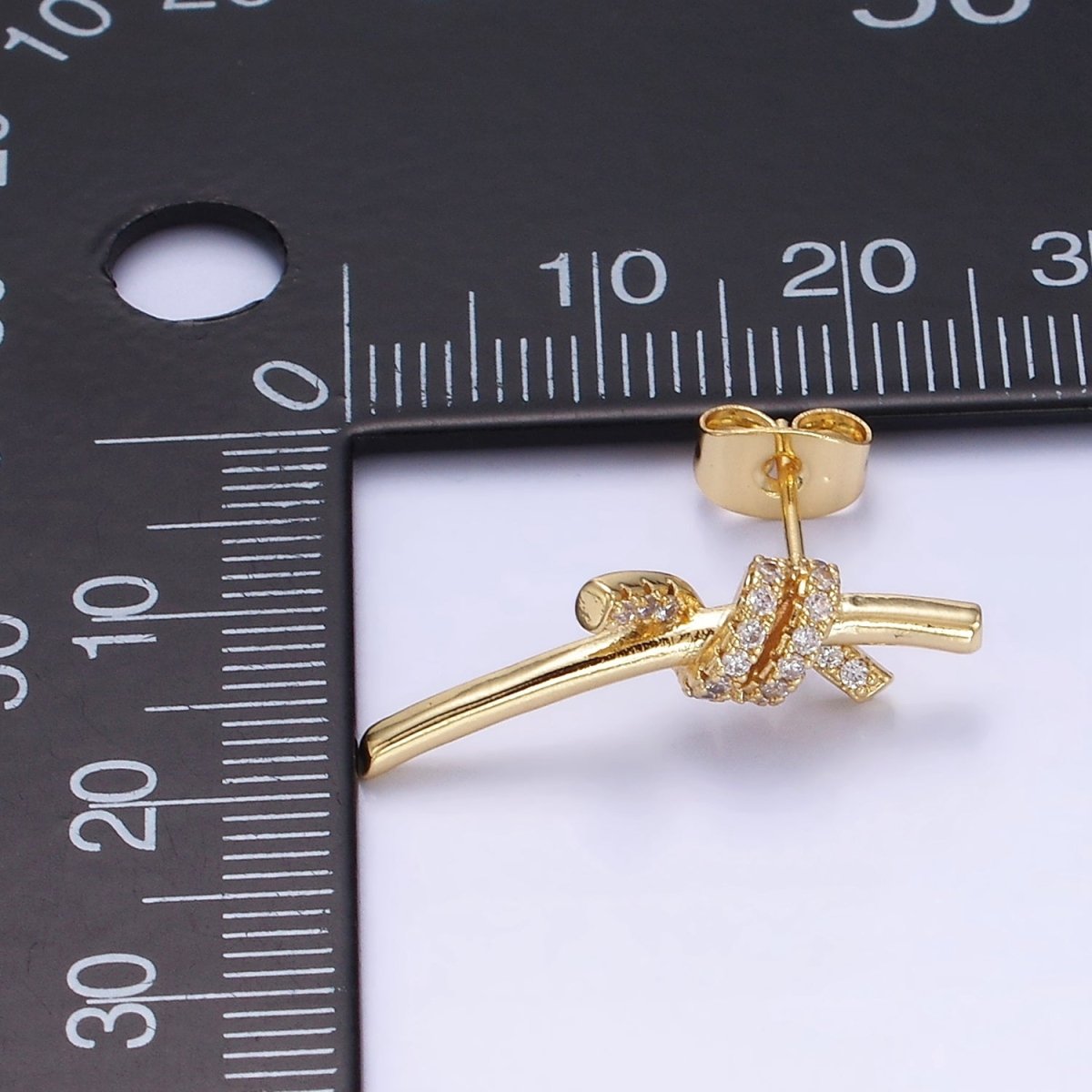 14K Gold Filled Micro Paved CZ Tied Bar Stud Earrings Knot Stud | AB1400