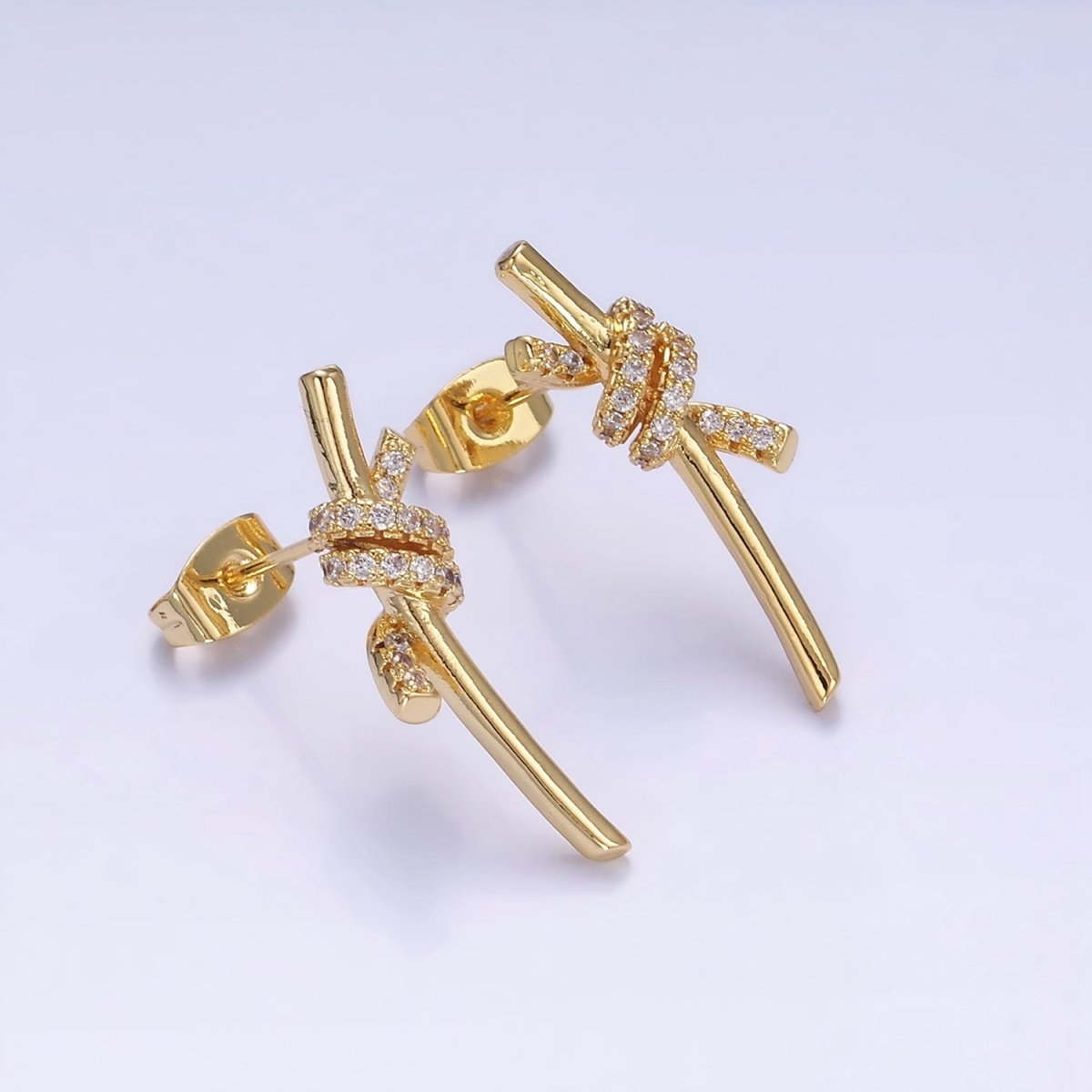 14K Gold Filled Micro Paved CZ Tied Bar Stud Earrings Knot Stud | AB1400