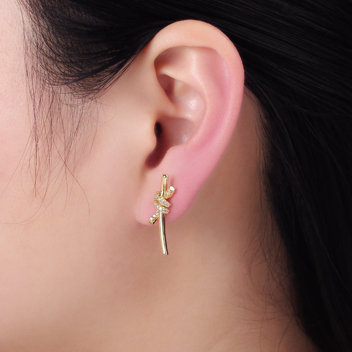 14K Gold Filled Micro Paved CZ Tied Bar Stud Earrings Knot Stud | AB1400