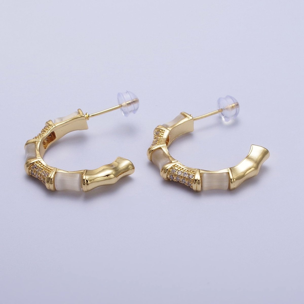 14K Gold Filled Micro Paved CZ White Cats Eye Bamboo C Shaped Stud Earrings | AD-084