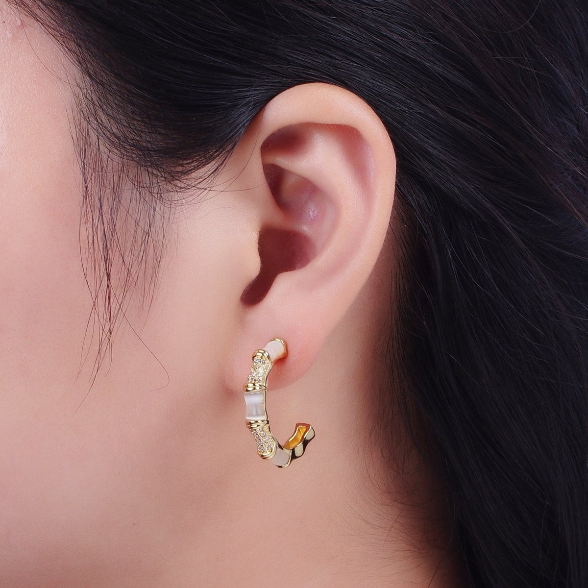 14K Gold Filled Micro Paved CZ White Cats Eye Bamboo C Shaped Stud Earrings | AD-084
