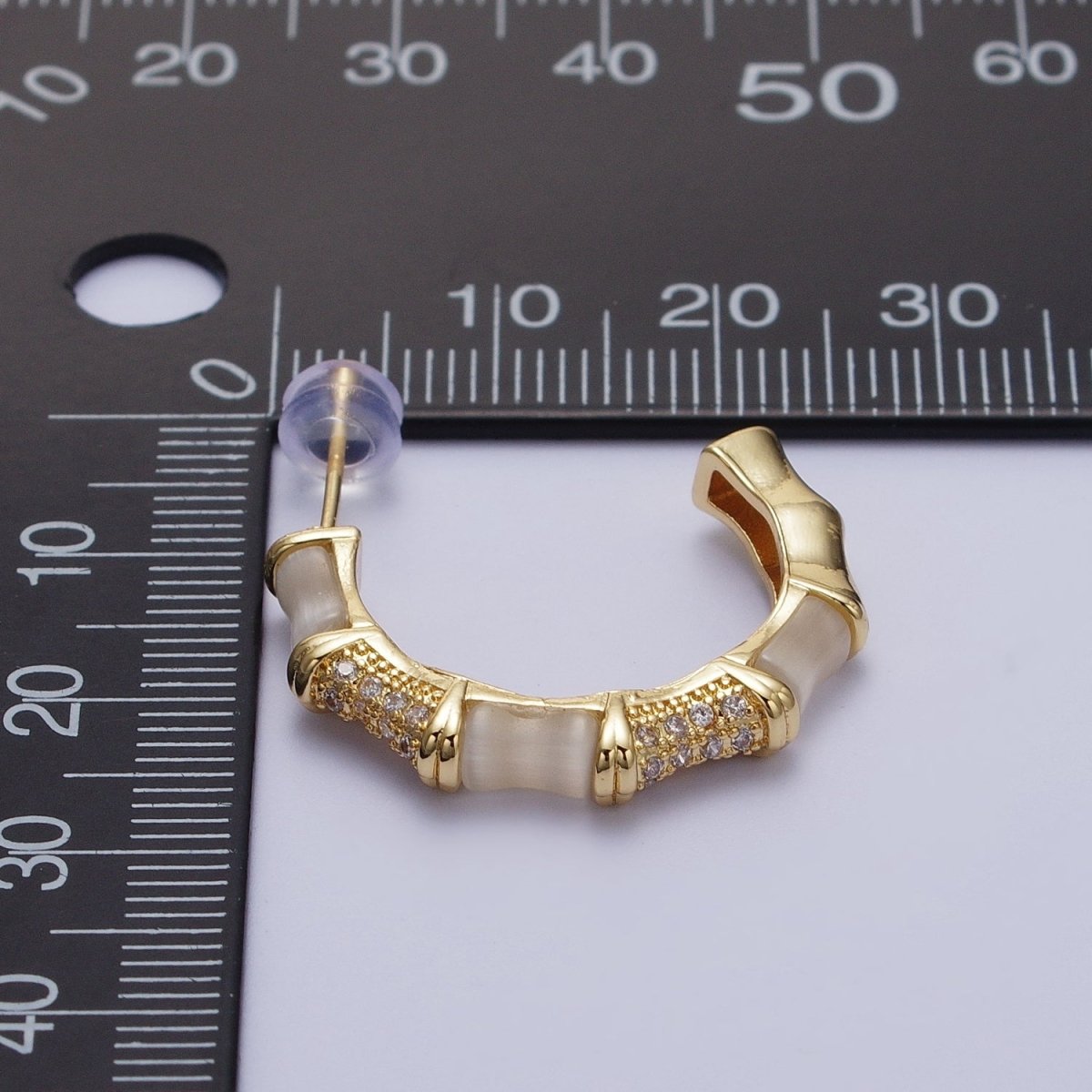 14K Gold Filled Micro Paved CZ White Cats Eye Bamboo C Shaped Stud Earrings | AD-084