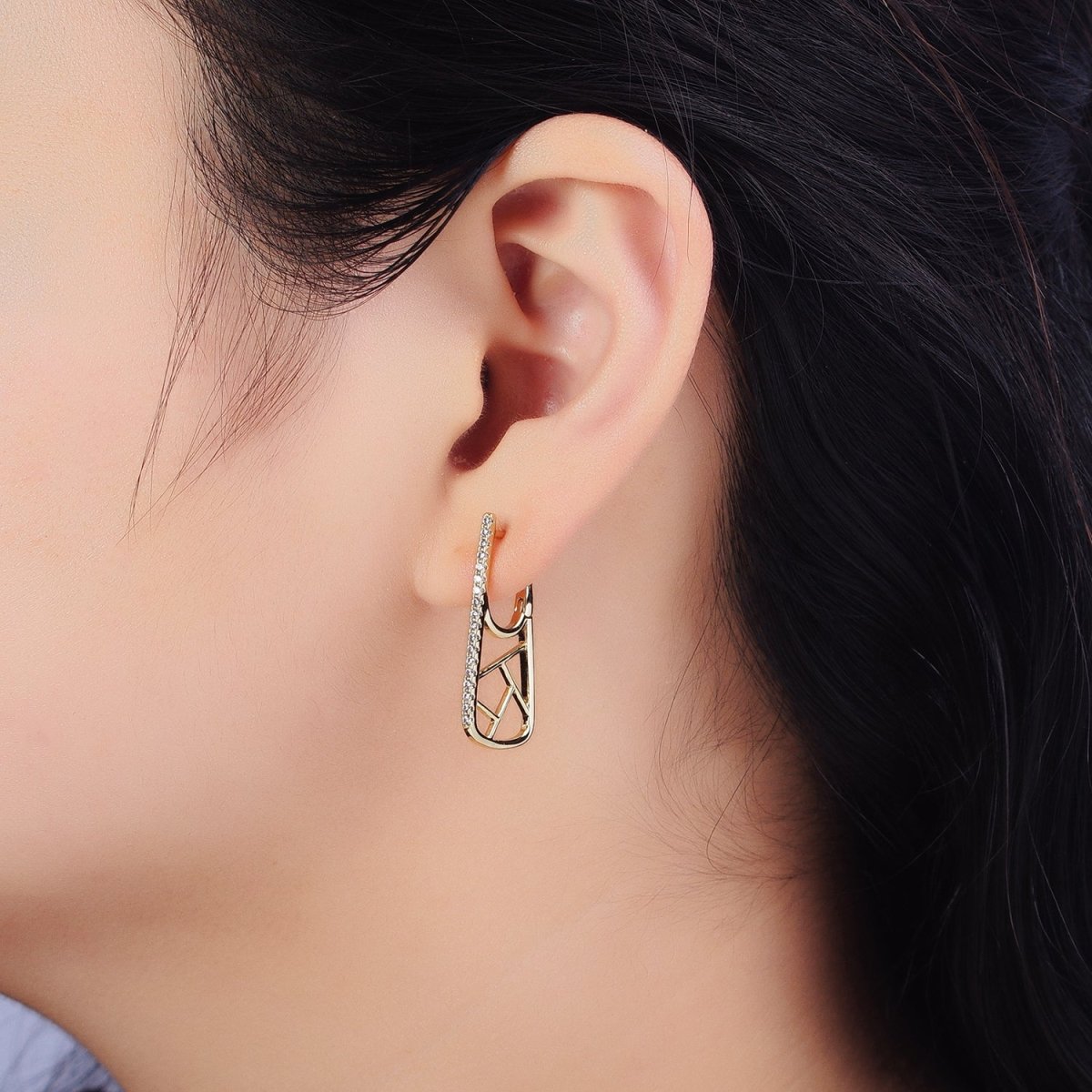 14K Gold Filled Micro Paved Lined Abstract Linear 28.7mm Oblong Hoop Earrings | AB261