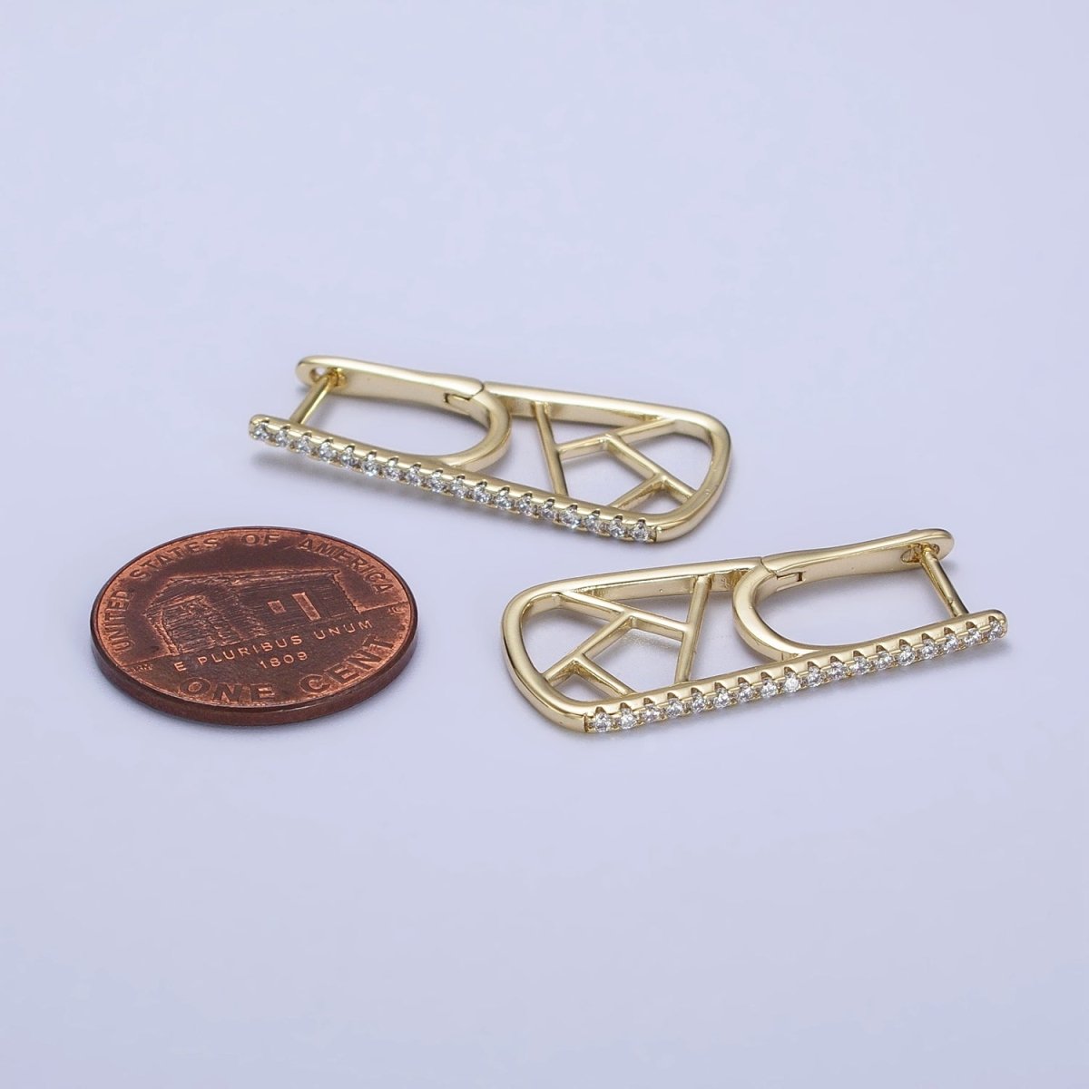 14K Gold Filled Micro Paved Lined Abstract Linear 28.7mm Oblong Hoop Earrings | AB261