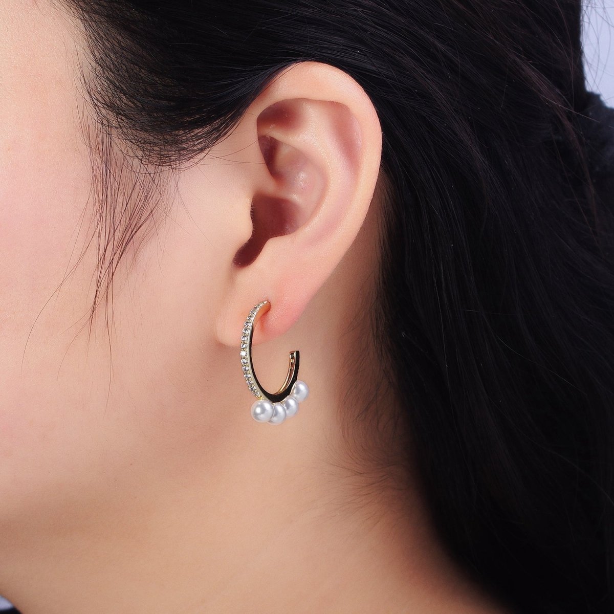 14K Gold Filled Micro Paved Multiple Pearl Lined C-Shaped Hoop Earrings | AD1464