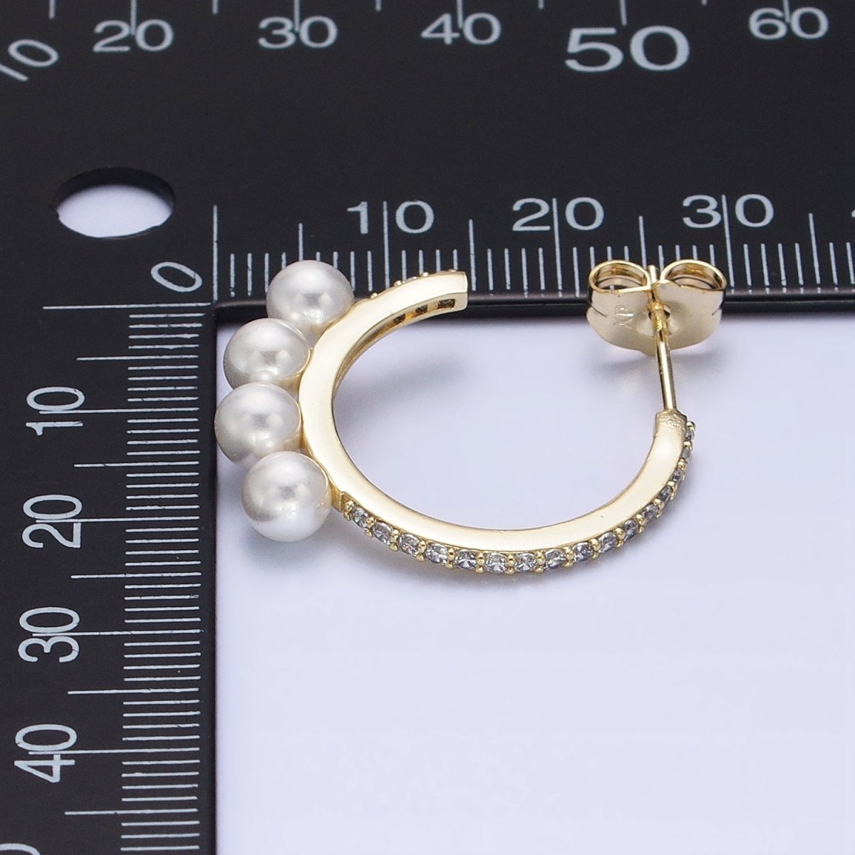 14K Gold Filled Micro Paved Multiple Pearl Lined C-Shaped Hoop Earrings | AD1464