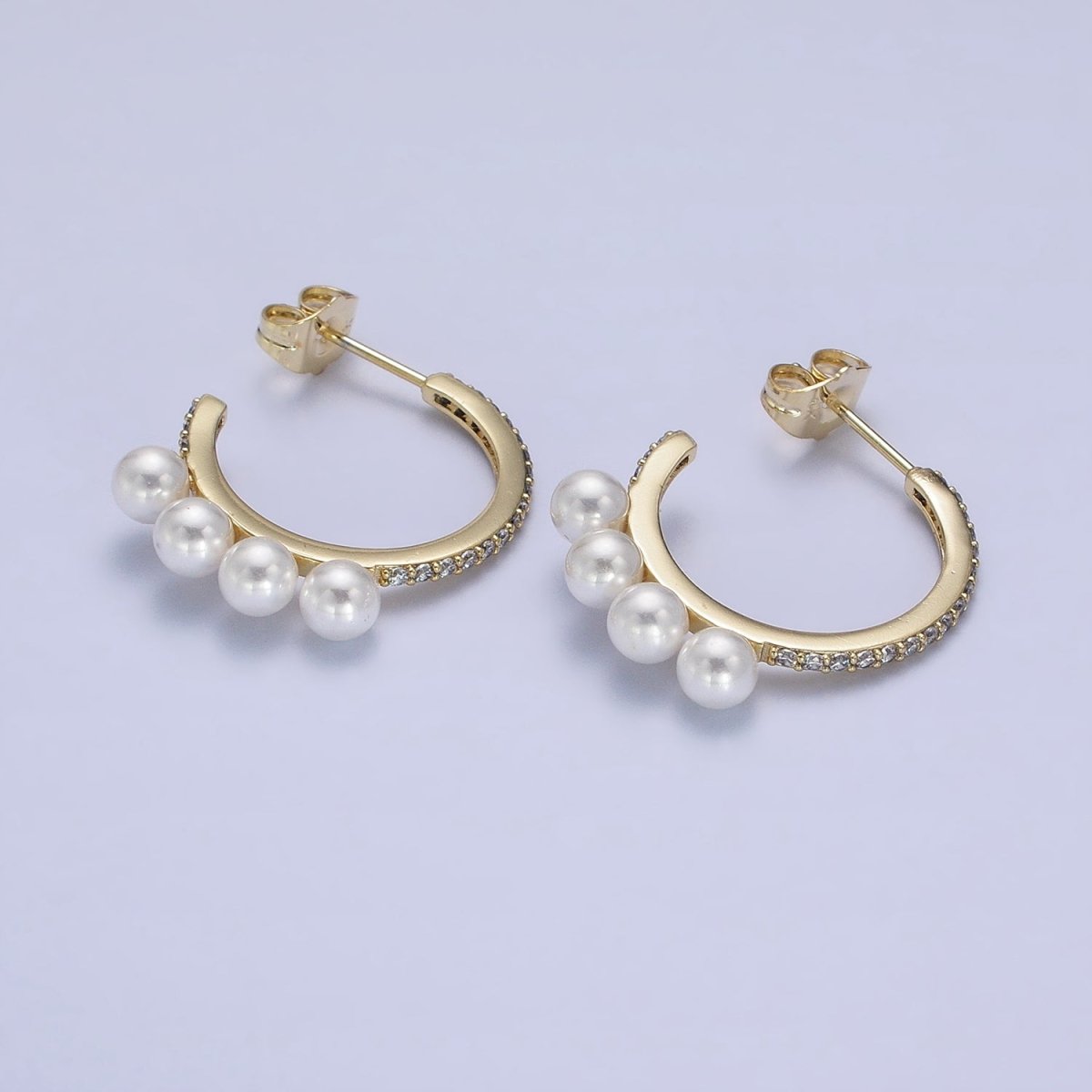 14K Gold Filled Micro Paved Multiple Pearl Lined C-Shaped Hoop Earrings | AD1464