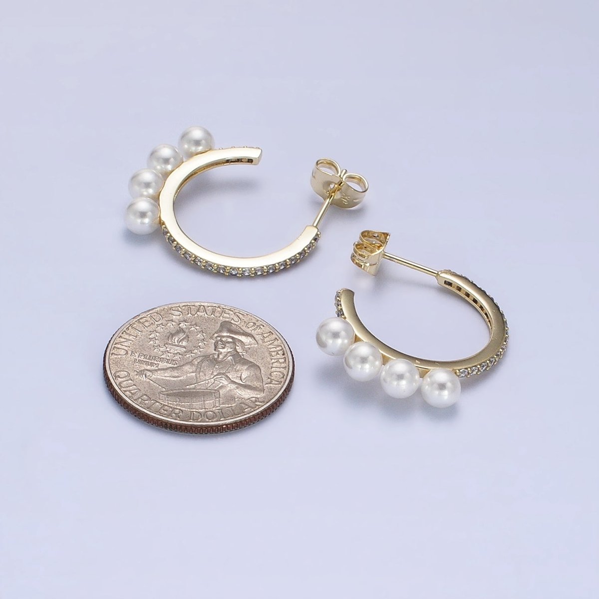 14K Gold Filled Micro Paved Multiple Pearl Lined C-Shaped Hoop Earrings | AD1464