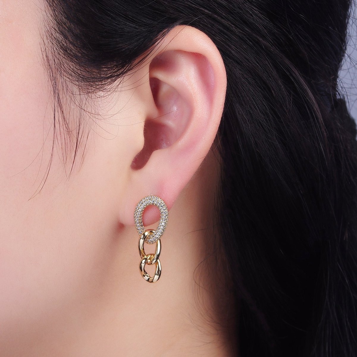 14K Gold Filled Micro Paved Oval Curb Link Drop Stud Earrings | AB1125