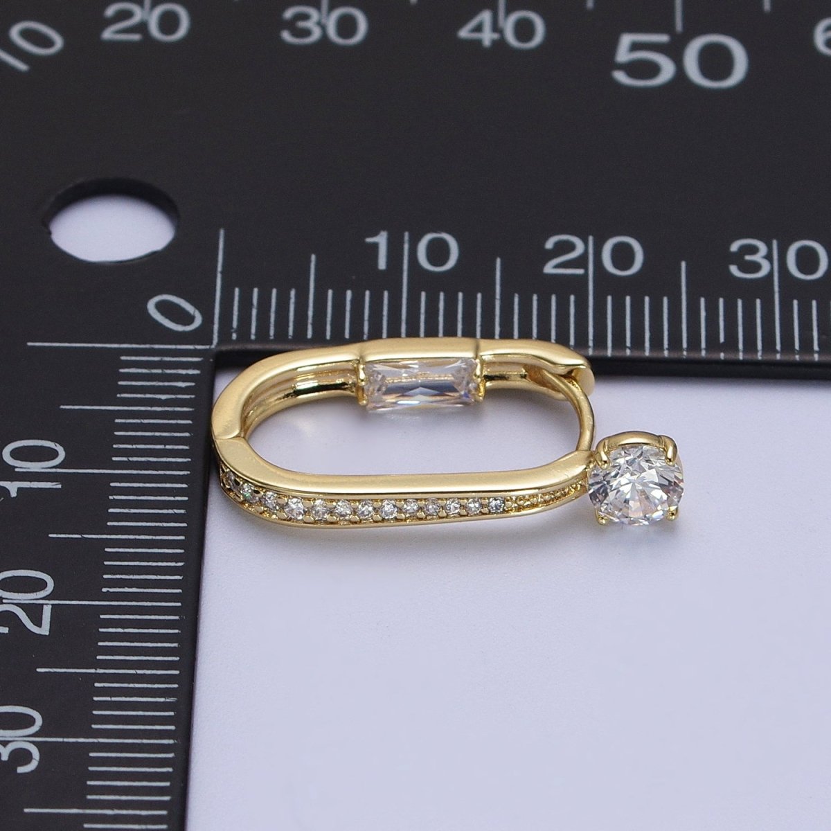 14K Gold Filled Micro Paved Round Baguette CZ Two Sided Oblong Huggie Earrings | V-021