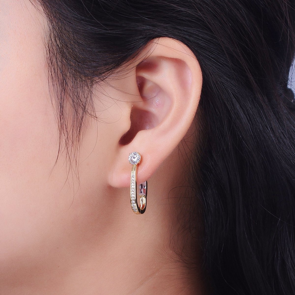 14K Gold Filled Micro Paved Round Baguette CZ Two Sided Oblong Huggie Earrings | V-021