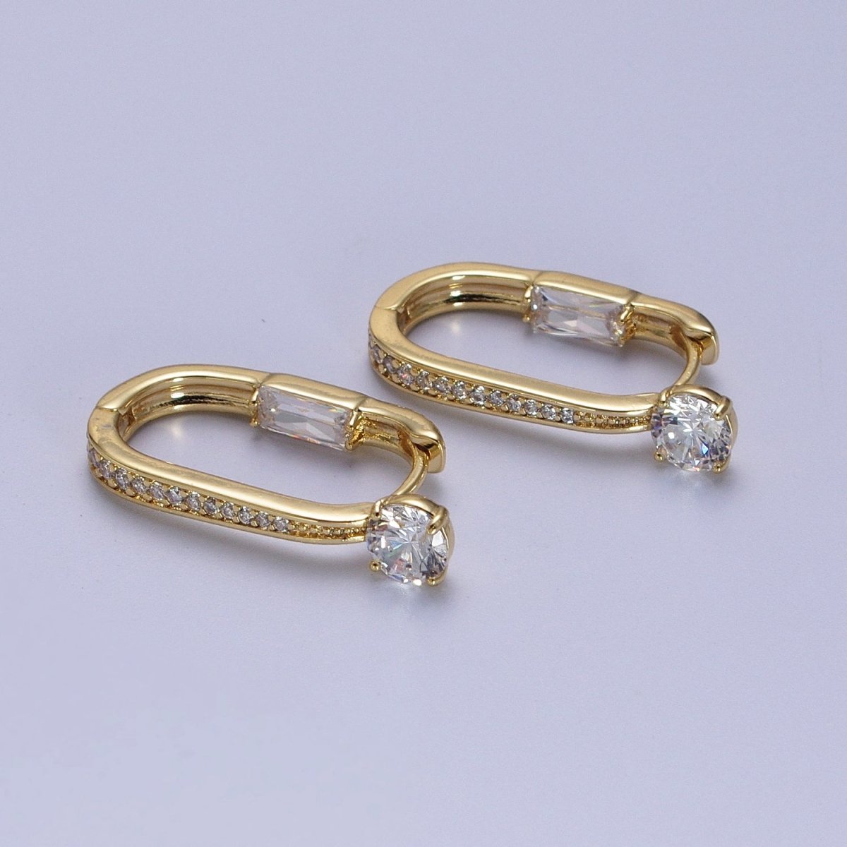 14K Gold Filled Micro Paved Round Baguette CZ Two Sided Oblong Huggie Earrings | V-021