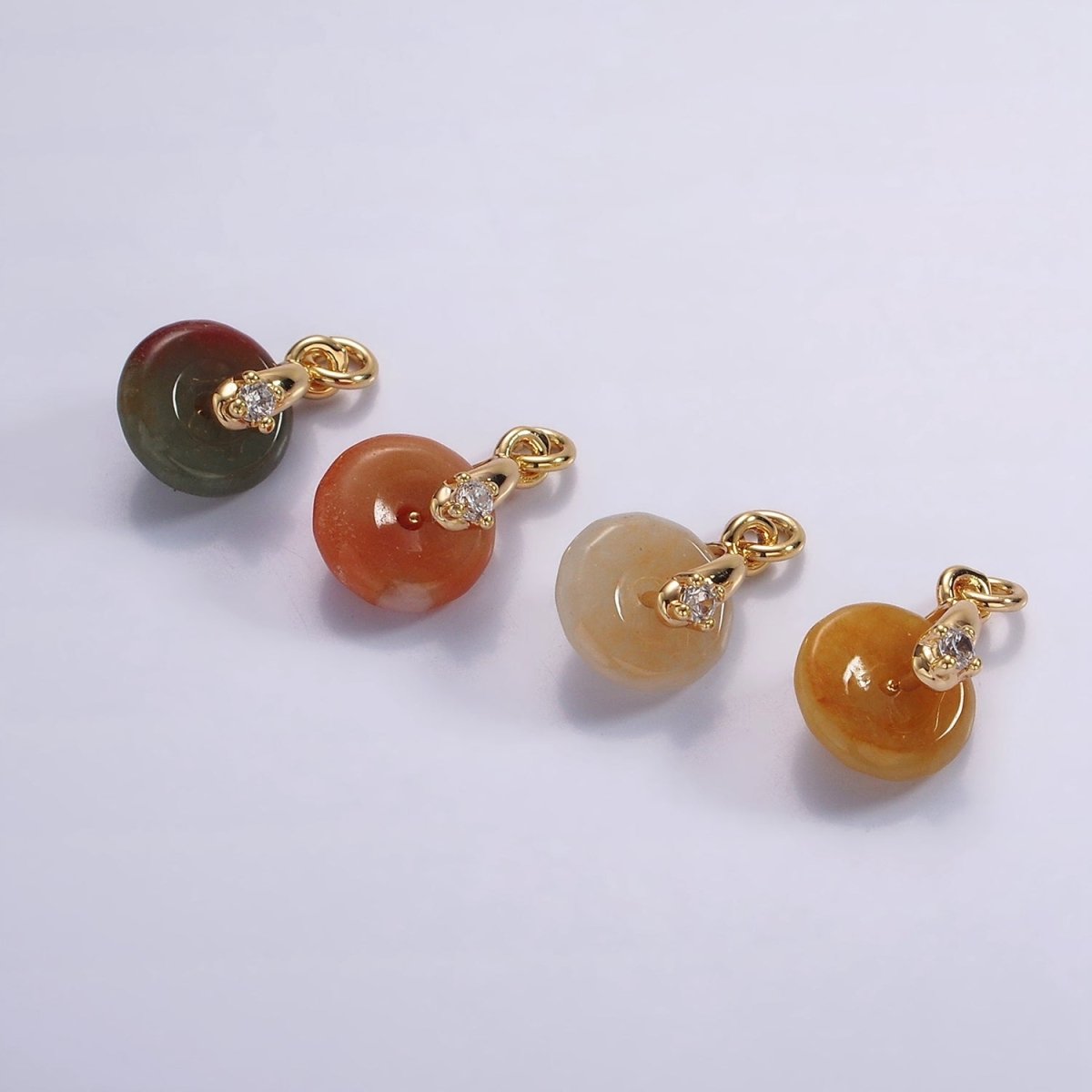 14K Gold Filled Mini Sunstone, Moss Agate, Red Aventurine, Crazy Lace Agate Round Donut CZ Charm | AC823 - AC826
