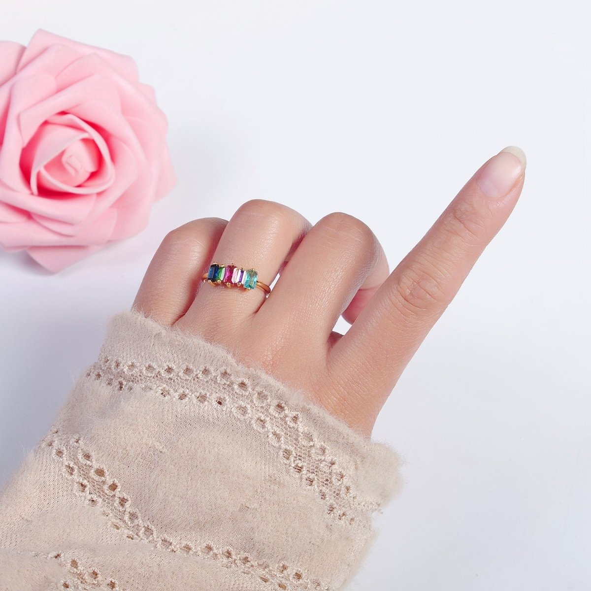 14K Gold Filled Minimalist Colorful Baguette Ring, Gold Minimalist Jewelry O-2123
