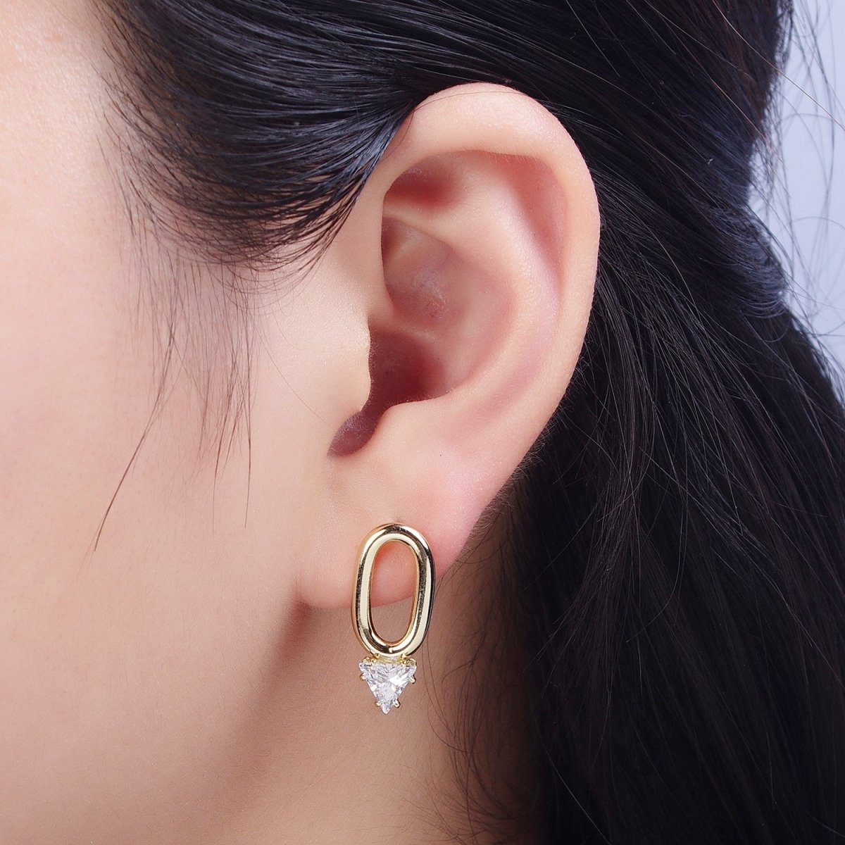 14K Gold Filled Minimalist Stud Earring Oval with Triangle Cubic Zirconia Crystal, Perfect for Everyday Wear or Gift | AD-567