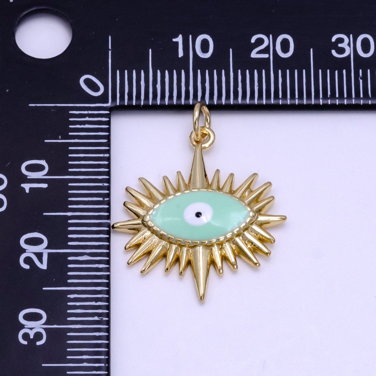14K Gold Filled Mint Green Enamel Evil Eye Sunburst Charm | AG545