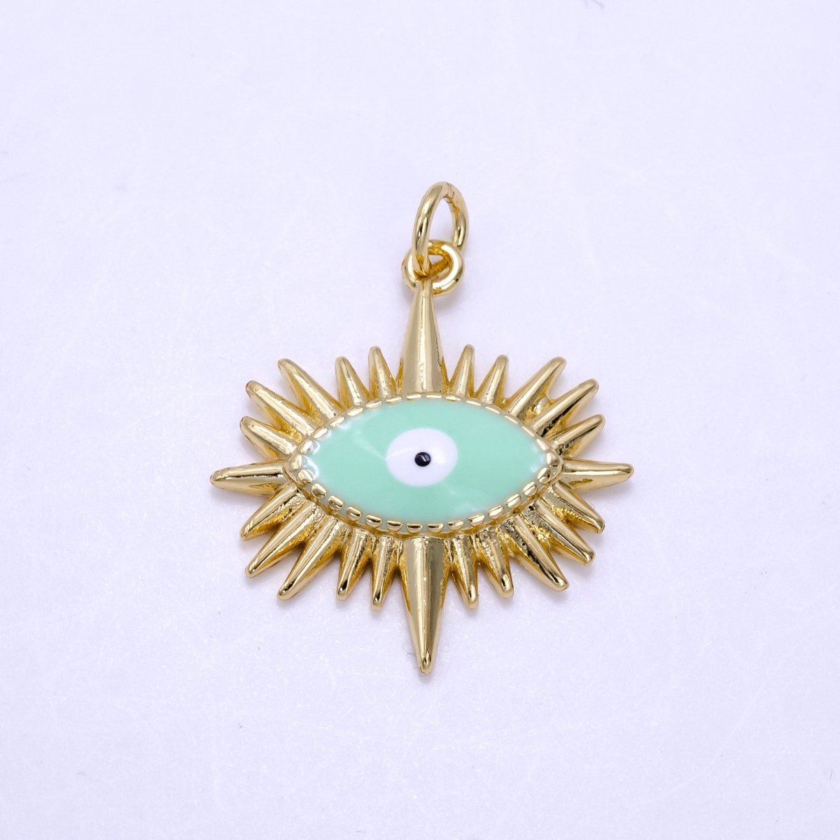 14K Gold Filled Mint Green Enamel Evil Eye Sunburst Charm | AG545