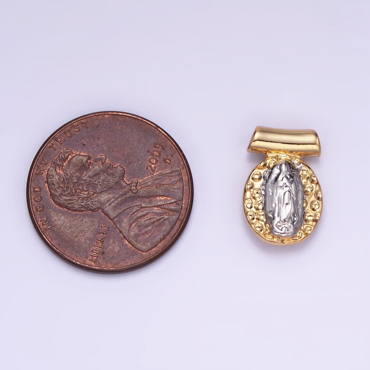 14K Gold Filled Miraculous Mary Mixed Metal Dotted Bar Pendant | AA1155