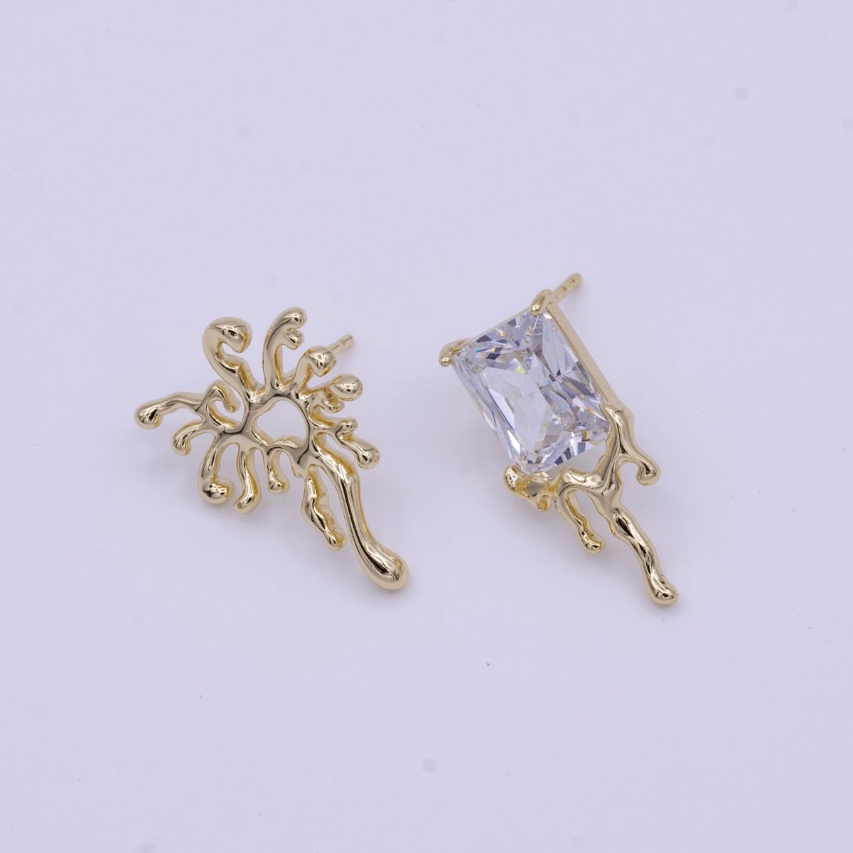 14K Gold Filled Mismatched Clear Baguette CZ Dripping Gold Stud Earrings Set | V-004