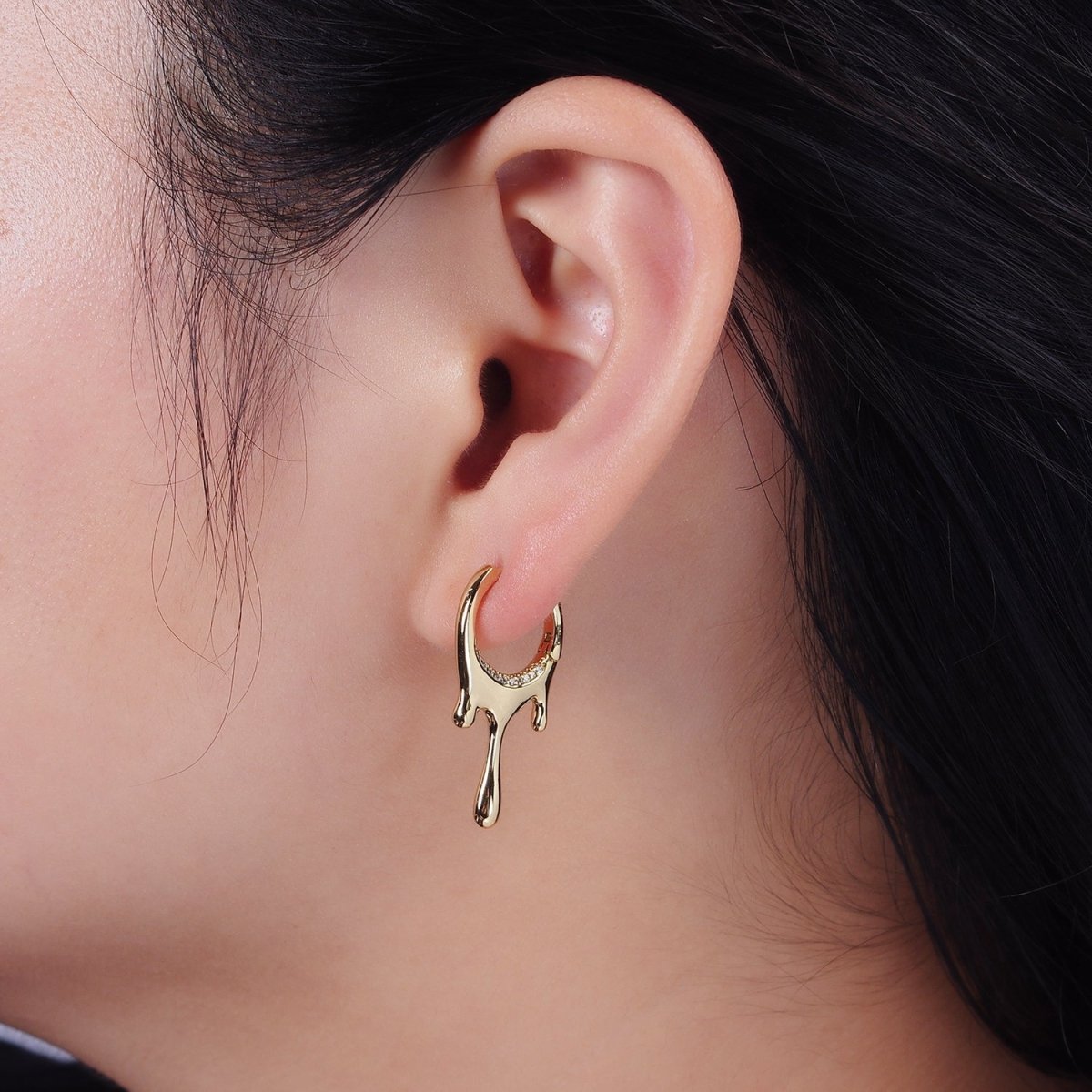 14K Gold Filled Molten Drip Micro Paved CZ Huggie Earrings | AE929