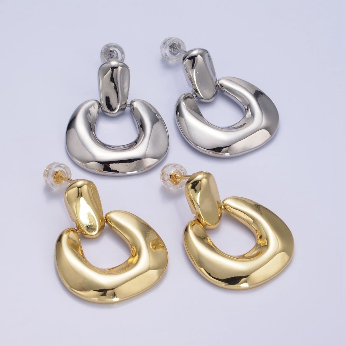 14K Gold Filled Molten Edged Chubby U-Shaped Bar Drop Stud Earrings in Gold & Silver | AE447 AE448