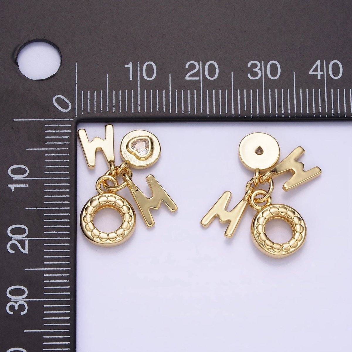 14K Gold Filled "MOM" Script Heart CZ Dotted Open Round Drop Charm | AG629