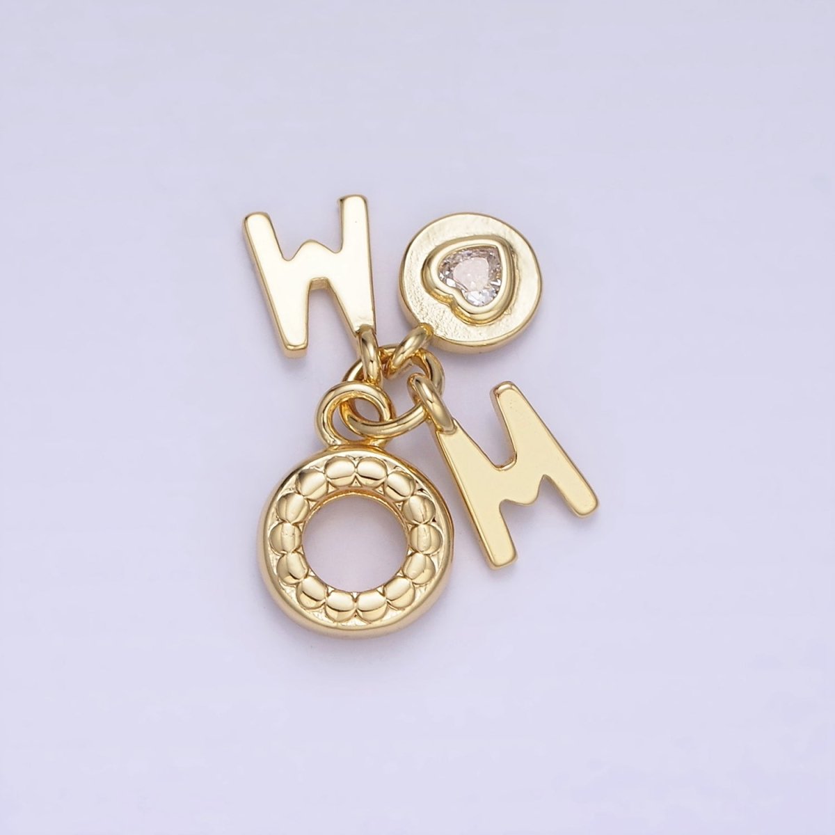 14K Gold Filled "MOM" Script Heart CZ Dotted Open Round Drop Charm | AG629