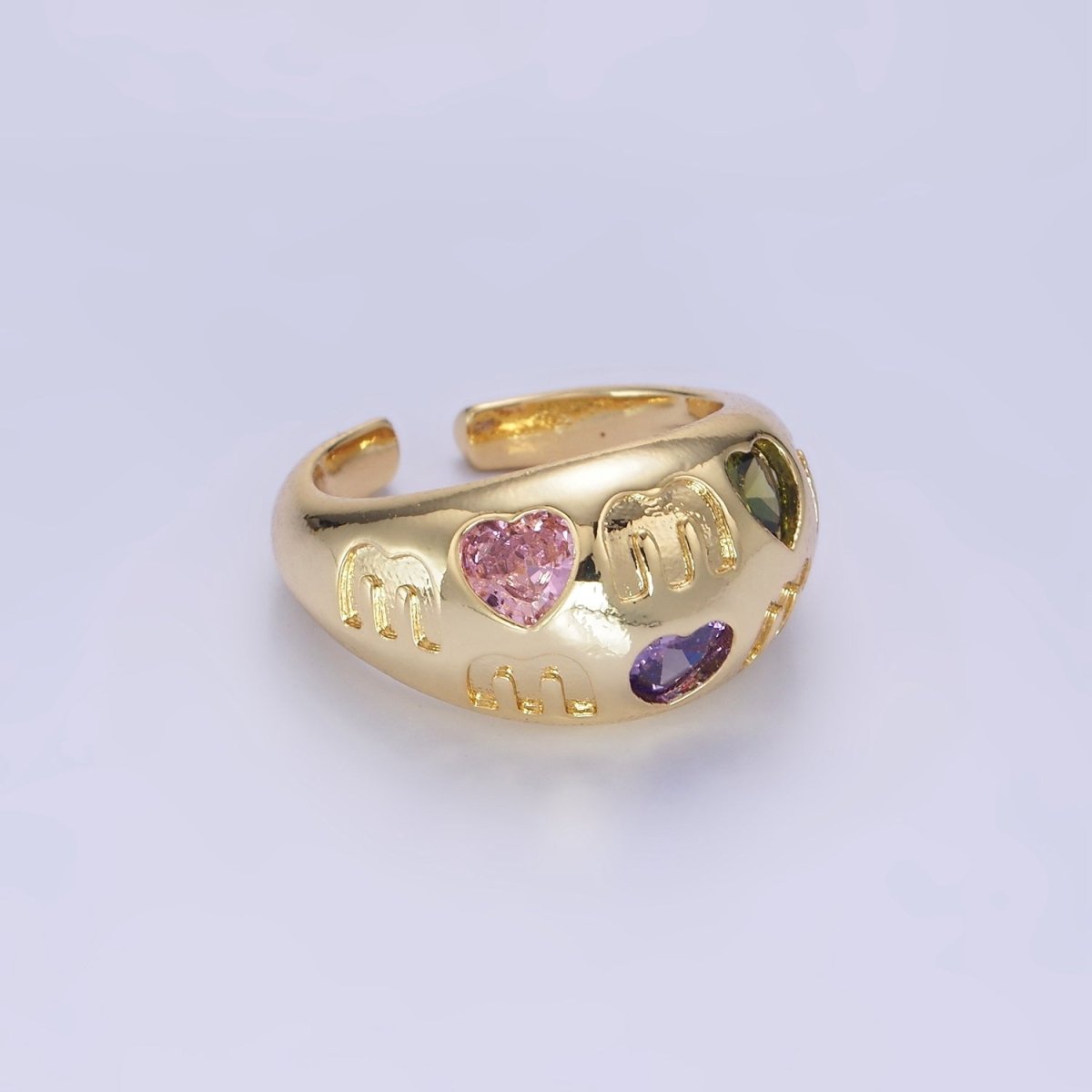 14K Gold Filled "MOM" Script Multicolor CZ Heart Chubby Signet Ring in Gold & Silver | O1337 O1338