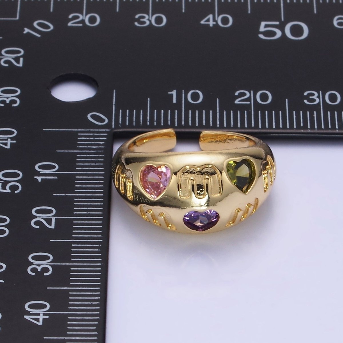 14K Gold Filled "MOM" Script Multicolor CZ Heart Chubby Signet Ring in Gold & Silver | O1337 O1338