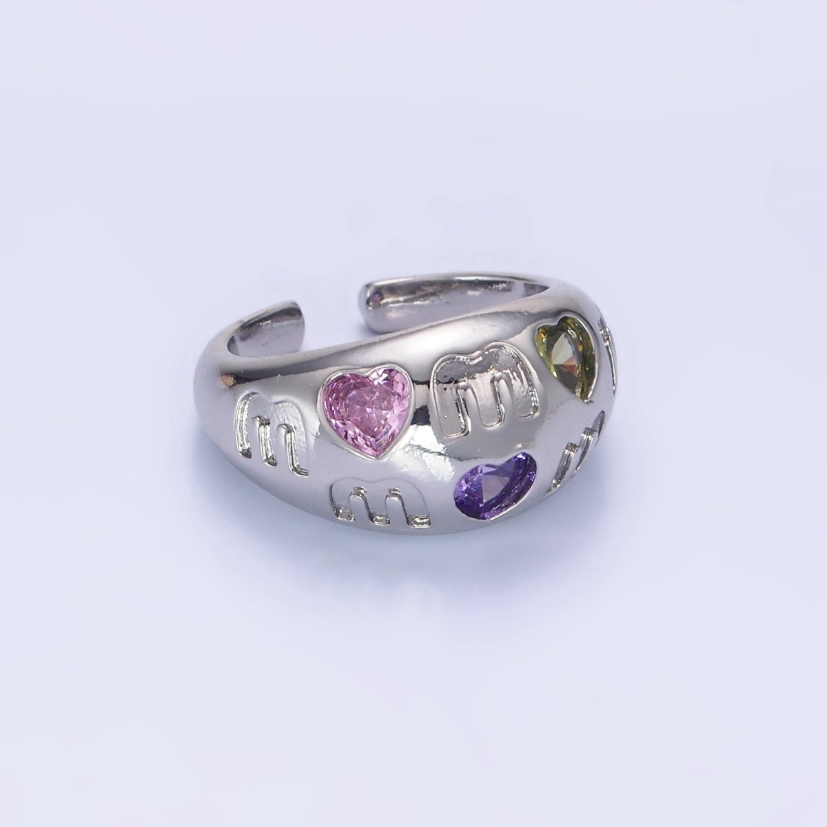 14K Gold Filled "MOM" Script Multicolor CZ Heart Chubby Signet Ring in Gold & Silver | O1337 O1338