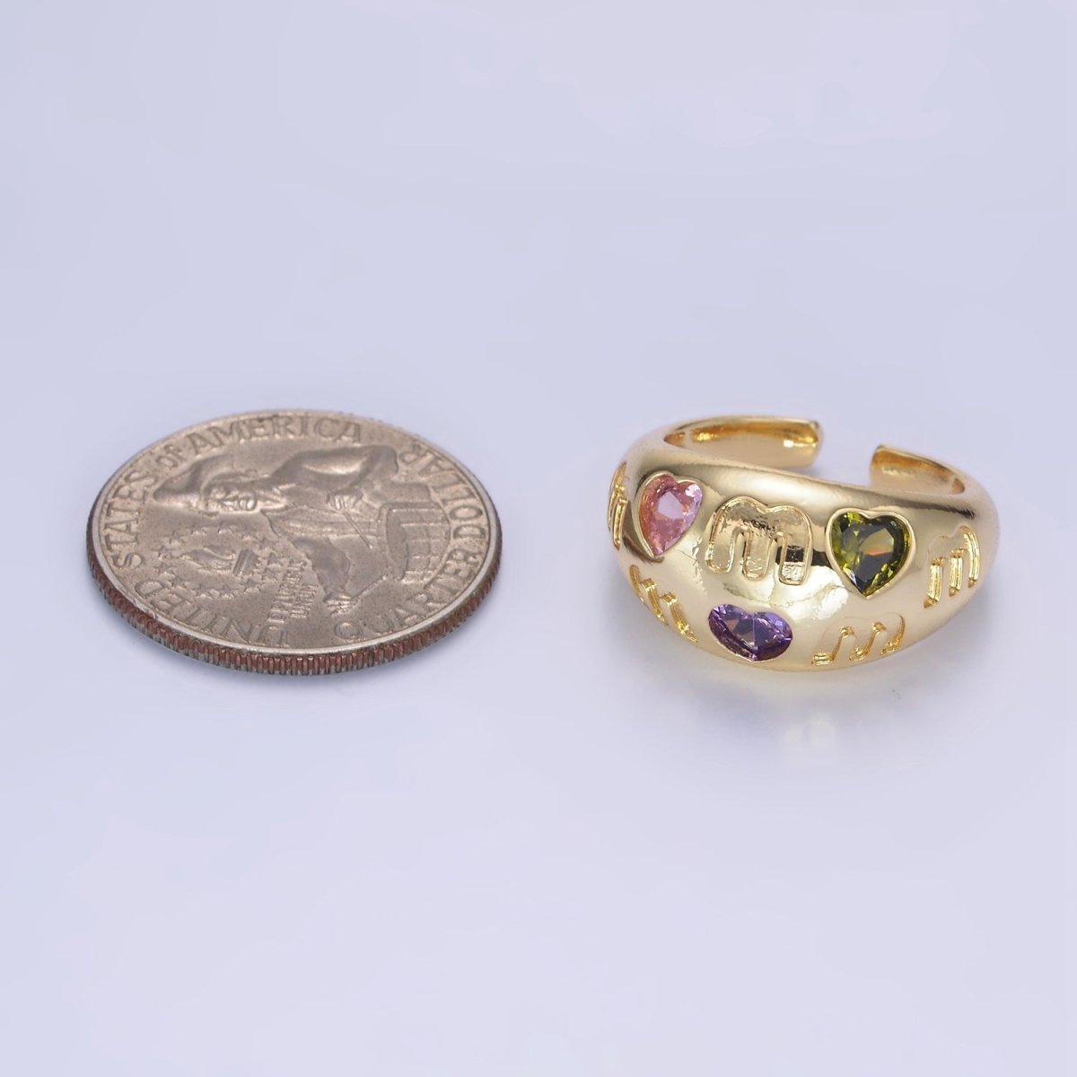 14K Gold Filled "MOM" Script Multicolor CZ Heart Chubby Signet Ring in Gold & Silver | O1337 O1338