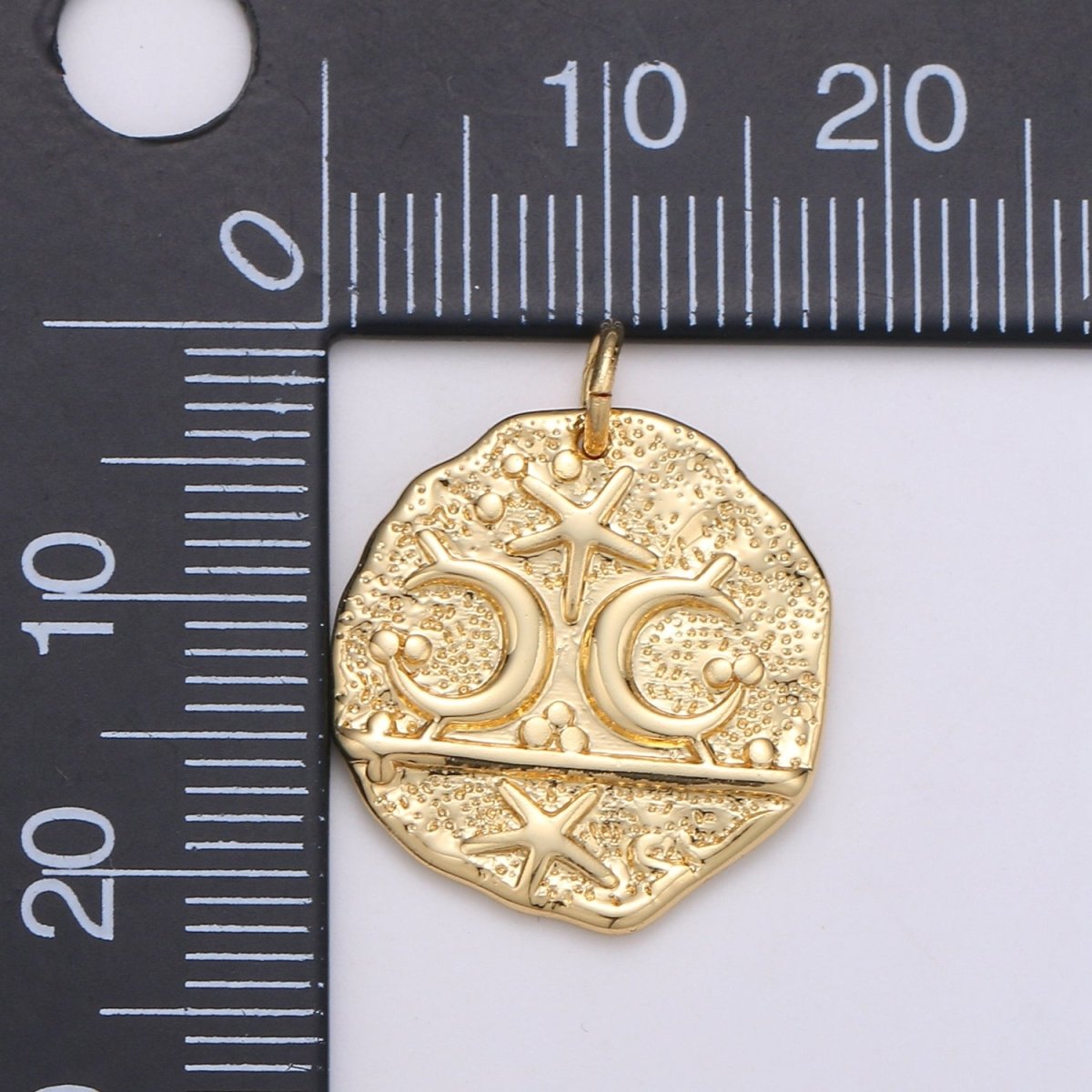 14k Gold Filled Moon and Star Medallion Pendant Celestial Astrology Round Disc Charm Pendant, Vintage Coin for Layer Necklace Earring Supply D-716