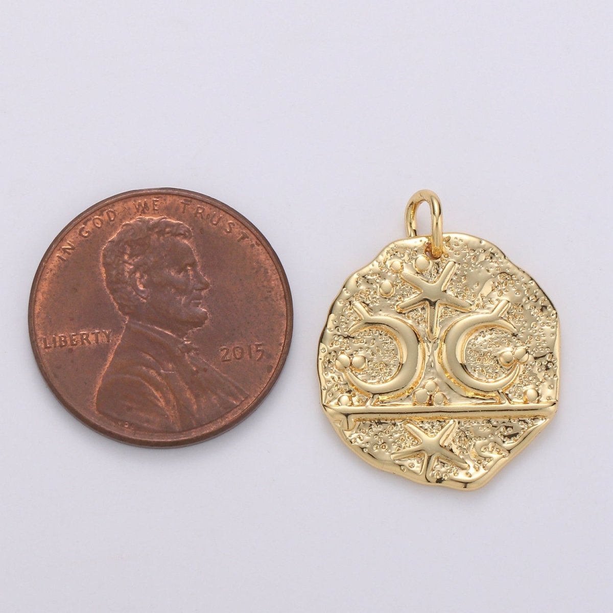 14k Gold Filled Moon and Star Medallion Pendant Celestial Astrology Round Disc Charm Pendant, Vintage Coin for Layer Necklace Earring Supply D-716