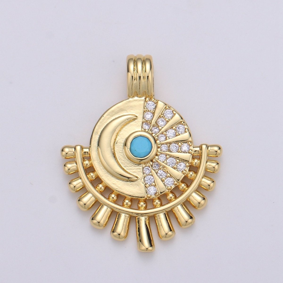 14K Gold Filled Moon Charm - Celestial Pendant Necklace - Crescent Turquoise Moon Medallion Layering Necklace - Lunar Jewelry Supply J-054