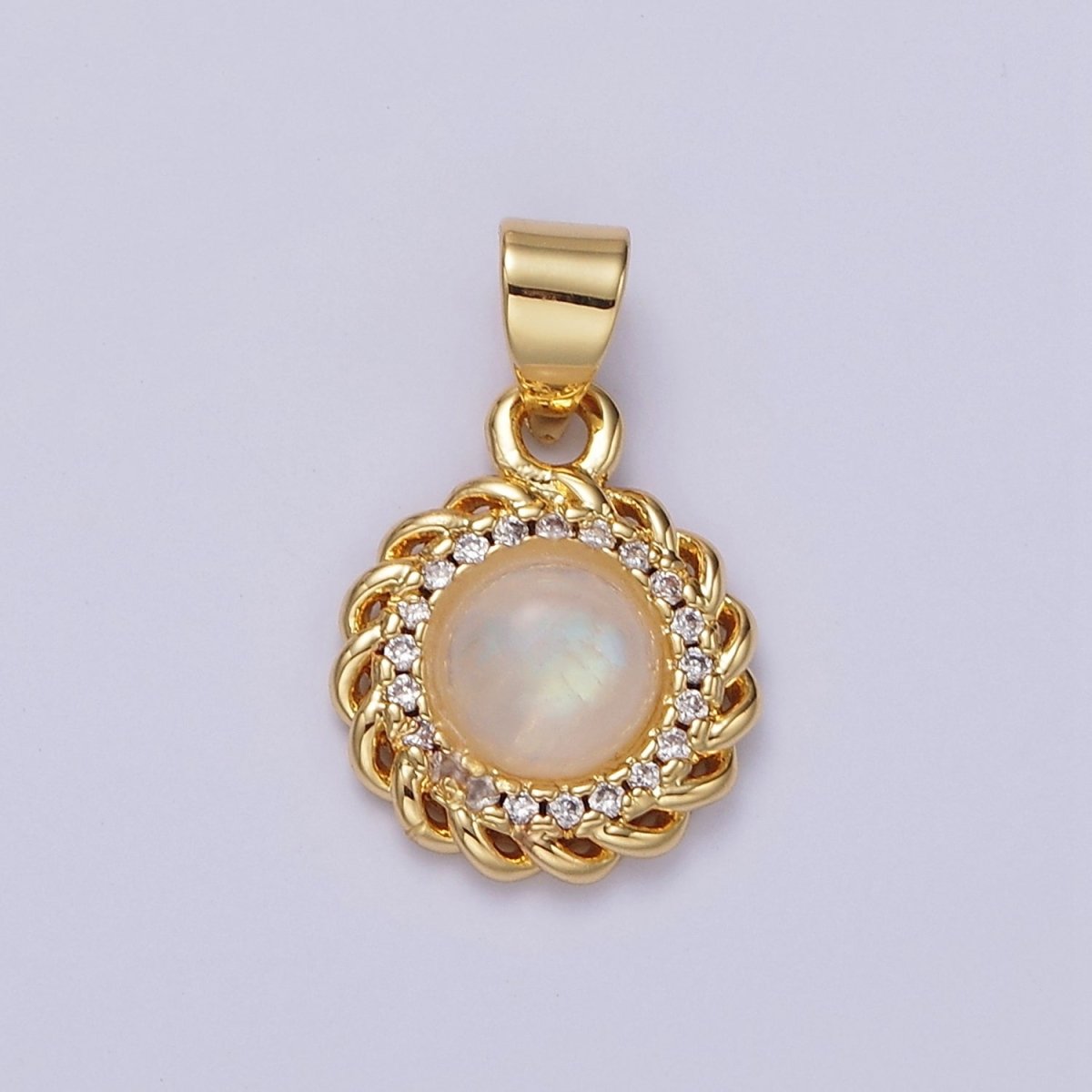 14K Gold Filled Moonstone Clear Micro Paved Rounded Bar Curb Lined Pendant | AA678