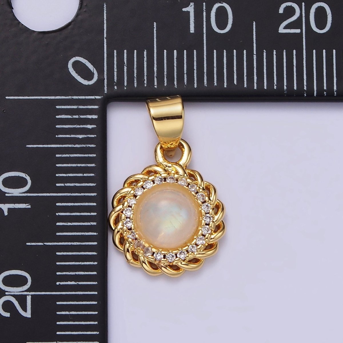 14K Gold Filled Moonstone Clear Micro Paved Rounded Bar Curb Lined Pendant | AA678