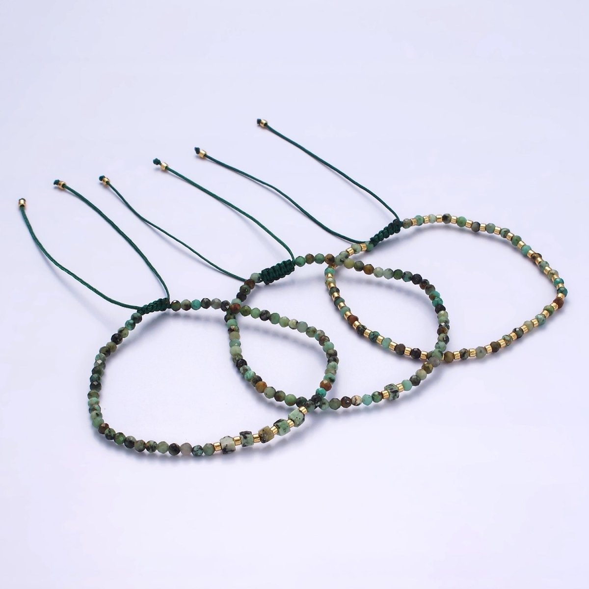 14K Gold Filled Moss Agate Multifaceted Green Rope Adjustable Friendship Bracelet | WA-2174 - WA-2176 Clearance Pricing