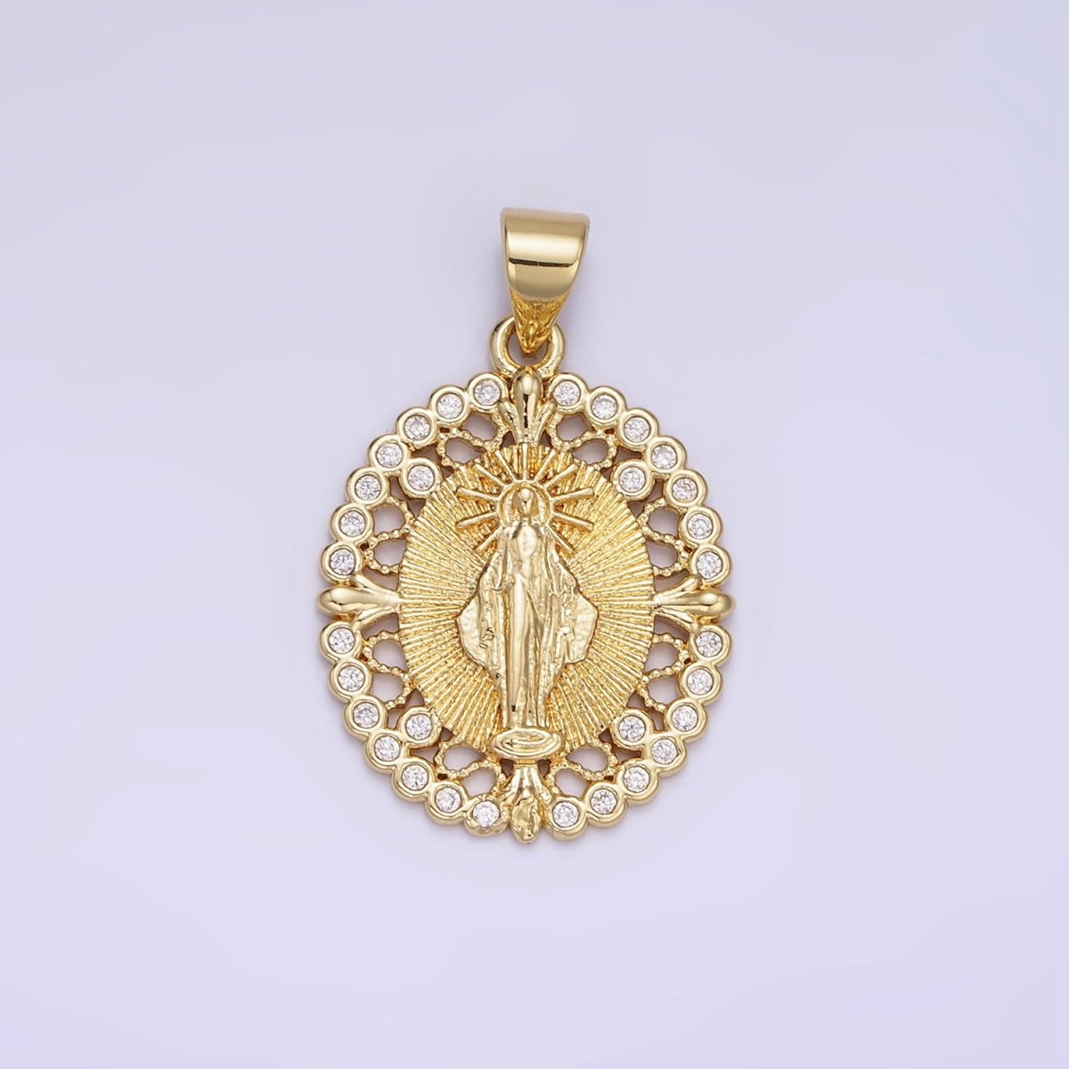 14K Gold Filled Mother Mary CZ Round Dotted Open Oval Pendant | AA1129