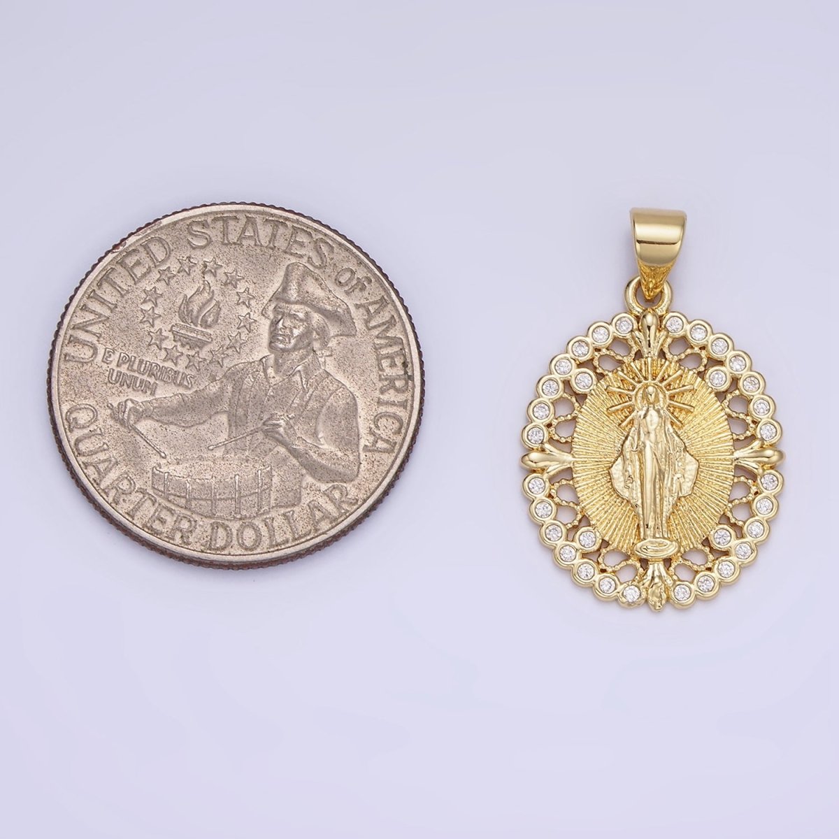 14K Gold Filled Mother Mary CZ Round Dotted Open Oval Pendant | AA1129